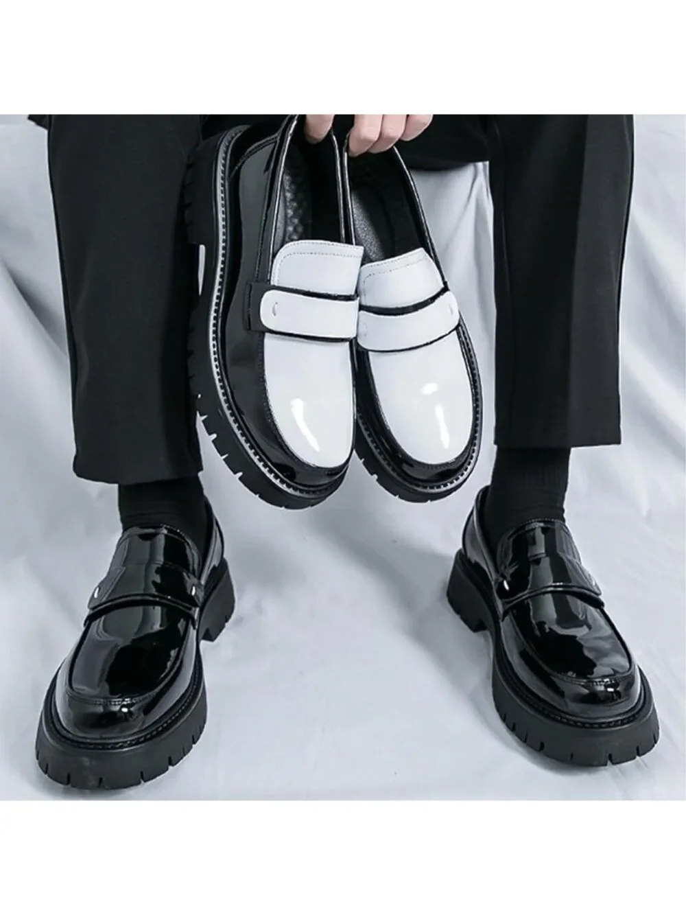 Men's White Black Chunky Platform Loafer Slip On Business Casual Dress Shoes